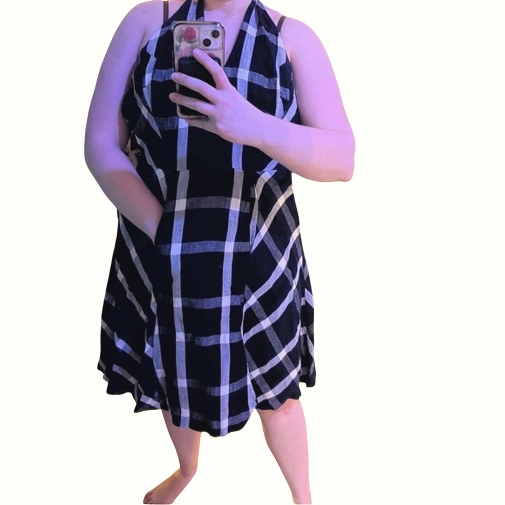Coconinno Retro Fit‎ n Flare Gingham Plaid 100% Linen Halter Dress Large - Picture 9 of 9